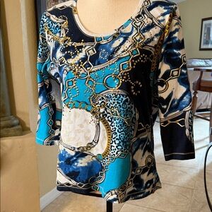 Onque Casuals Blue and Black Chain Print Long Sleeve Top